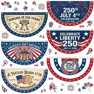 6 Pcs 1.5X3 FT 250th Anniversary Fan Bunting Flag 4th of July Party Banner Decorations Independence Day Semicircle Bunting Flags Pleated Patriotic Porch Signs 1776-2026 Supplies for Outdoor Yard Decor