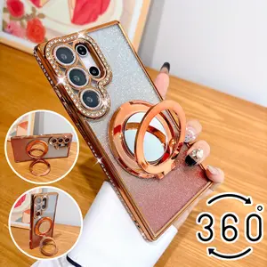 360° Rotating Mirror Ring Holder Case for Samsung S25 S24 S23 S22 Ultra S25 Plus Glitter Wireless Charging Plating Cover