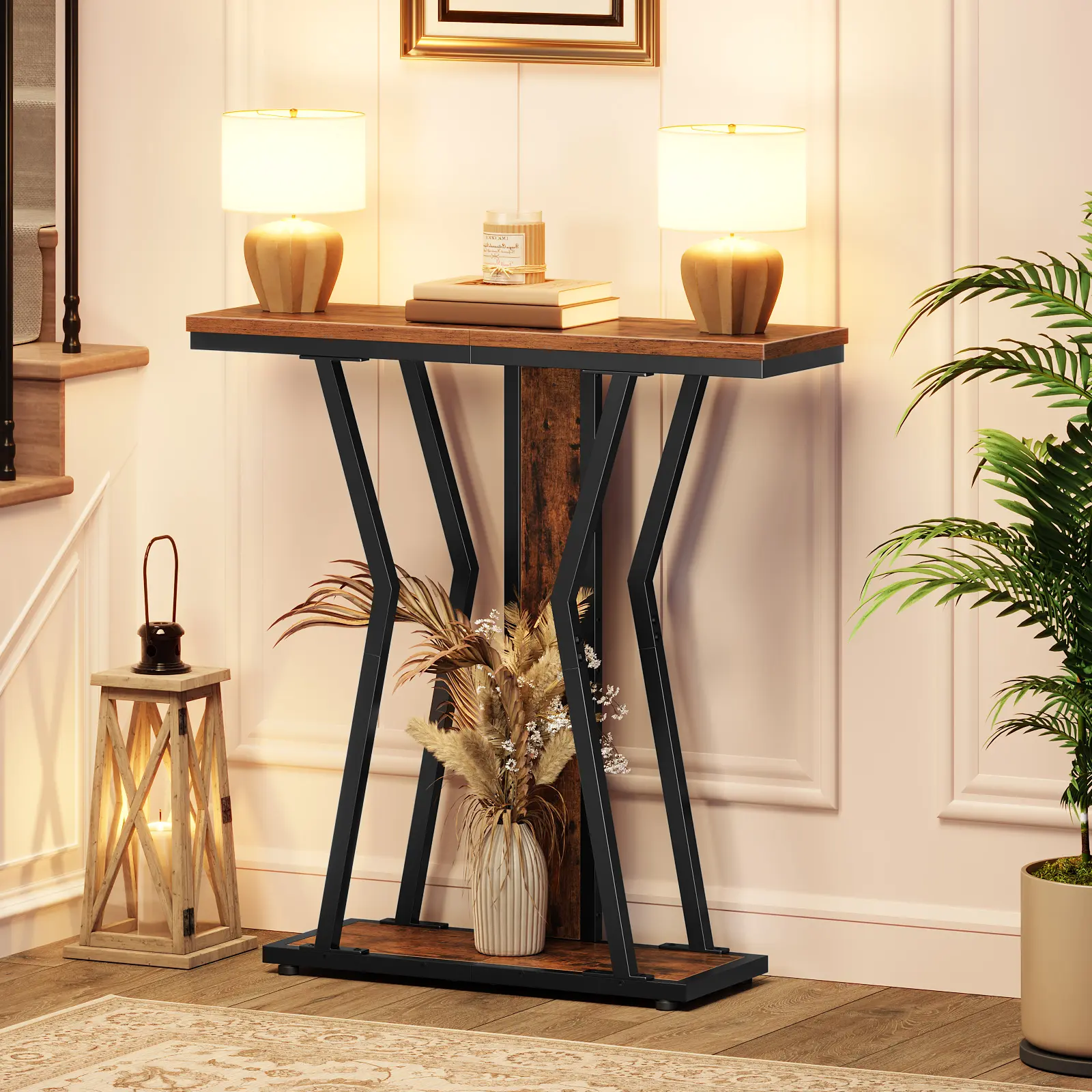HOOBRO Narrow Console Table, 29.5" Small Entryway Table with Storage, 2-Tier Behind Sofa Table, Modern Style, for Living Room, Hallway, Foyer, Bedroom, Rustic Brown and Black #SummerVibes