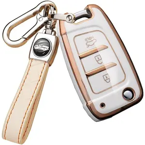 TPU Car Key Fob Cover with Keychain fits for Hyundai Elantra Solaris 2 Tucson I30 I35 I40 Ix35 Kona Genesis Santa Fe Azera Verna Accent Celesta Sonata Key Shell White
