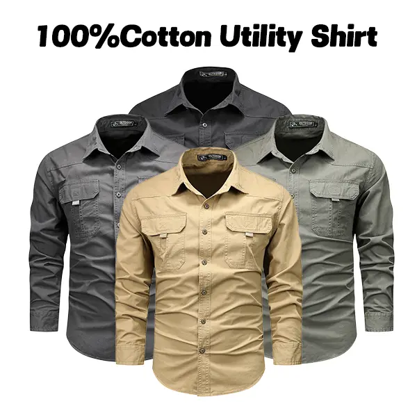 Men's Classic 100% Cotton Fabric Workwear Shirt, Long Sleeve, Relaxed Fit, Multiple Pockets - Menswear Work Top, Breathable, Plain, Utility