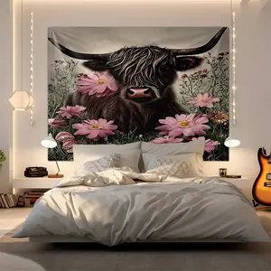 Rural Handsome Cowherd Pattern Tapestry, Elegant Handsome Cowherd Theme Bedding Set Amidst Daisy Blossoms, Soft and Ultra Fine Fiber Material, Comfortable and Comfortable, Perfect Bedroom Decoration!Rural Style Wall Decoration, Brightly Colored Digital P