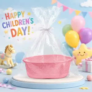 Cute Pink Woven Storage Basket with Handle for Kids Gifts, Durable Children’s Day Gift Basket with Gift Bags & Ribbons, Small Boo Basket for Baby Shower Birthday Halloween Easter, Decorative Organizer Bin for Toys Pets, 12" D x 8" W x 5" H