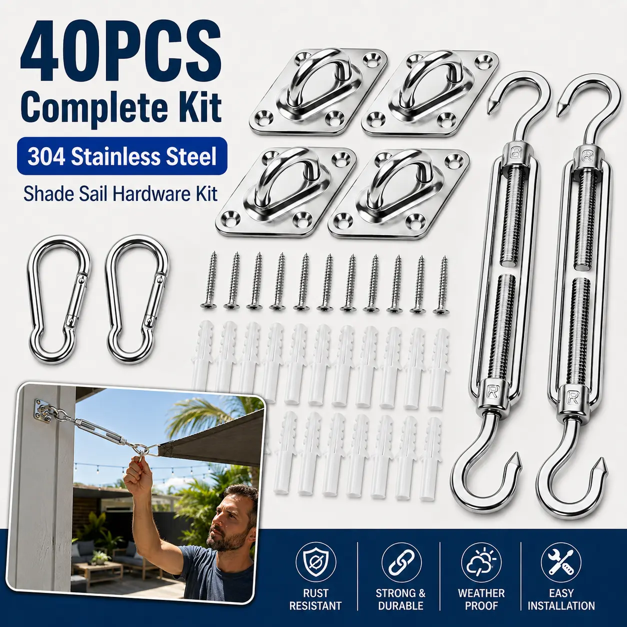 40PCS Shade Sail Hardware Kit, 304 Stainless Steel Sun Shade Installation Set with Turnbuckles, Snap Hooks, Pad Eyes, Screws & Anchors for Patio, Garden, Backyard Canopy toolset