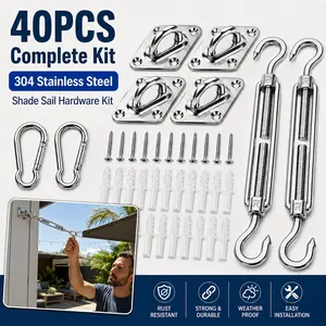 40PCS Shade Sail Hardware Kit, 304 Stainless Steel Sun Shade Installation Set with Turnbuckles, Snap Hooks, Pad Eyes, Screws & Anchors for Patio, Garden, Backyard Canopy