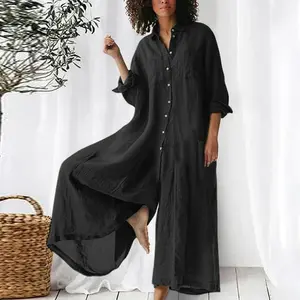 Solid Color Casual Long-sleeved Medium and Long Cotton and Linen Shirt Jumpsuit Women