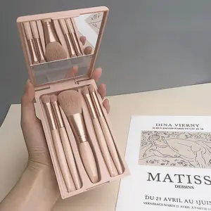 5-Piece Makeup Brush Set with Mirror, Ultra-Soft No Shedding Eyeshadow Brushes, Portable Morandi Beauty Tools, Travel Essential Kit