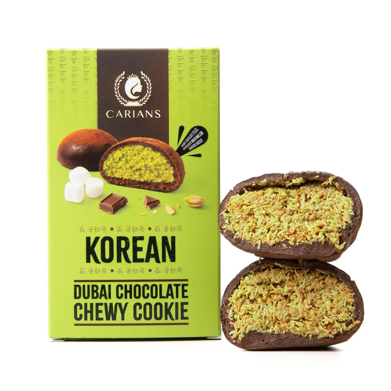 CARIAN'S Korean Dubai Chocolate Chewy Cookie - Cookie Nice and Soft How It Should Be Chew the Art of Fusion, Premium Pistachio Cream and Soft Marshmallow Center, Gourmet Milk Chocolate Covered Treats, Eastern Flavors Premium Gift 2.54oz, 1 Piece