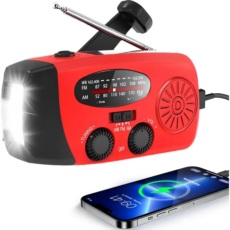 Portable Solar Hand Crank Emergency Weather Radio with NOAA/AM/FM Audio, 3 LED Flashlight, 2000mAh Power Bank Cellphone Charger & Backup Batteries