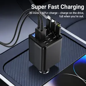 8 in 1 Super Fast Car Charger with 3 Retractable Cables Fast Charging Ports ,Adjustable 180° Direction,LED Display,Voltage Monitoring Compact,Easy to Use,PD2.0,QC3.0