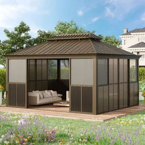 12' x 14' Sunroom Patio Hardtop Gazebo with Double Roof & Aluminum Frame, All-Season Outdoor Solarium with Sliding Doors and Sliding Mesh Windows
