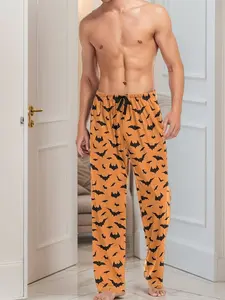 Men's Fashion Halloween Print Sleep Pants, Polyester Blend Comfortable Breathable Lounge Wear, Suitable for Autumn Summer Spring Seasons