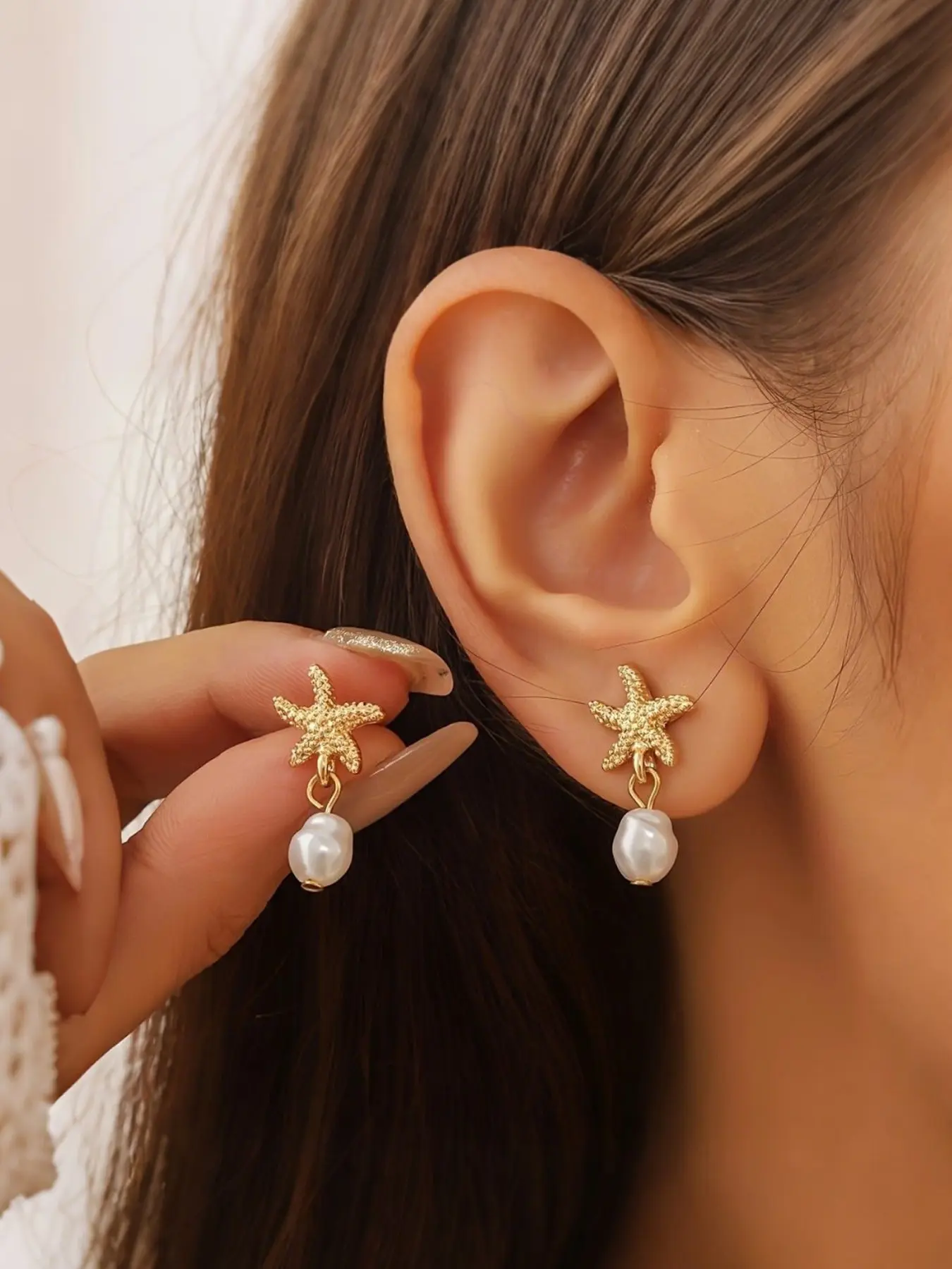 Starfish Imitation Pearl Earrings, Starfish Design Studs, Fashion Jewelry Gift, Unique Beach Accessory for Women & Girls, Trendy Jewelry, Beachy Earrings