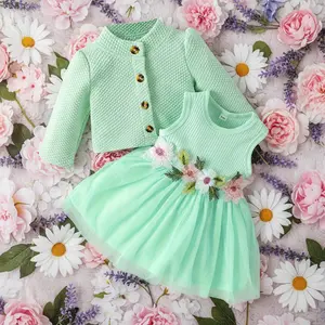 Global Baby 2026 Children's Embroidered Gauze Dress Cardigan Two-Piece Princess Dress Baby Dress Clothes Baby Girl Fall Outfit, Long Sleeve Cardigan Coat Flower Embroidery Tulle Tank