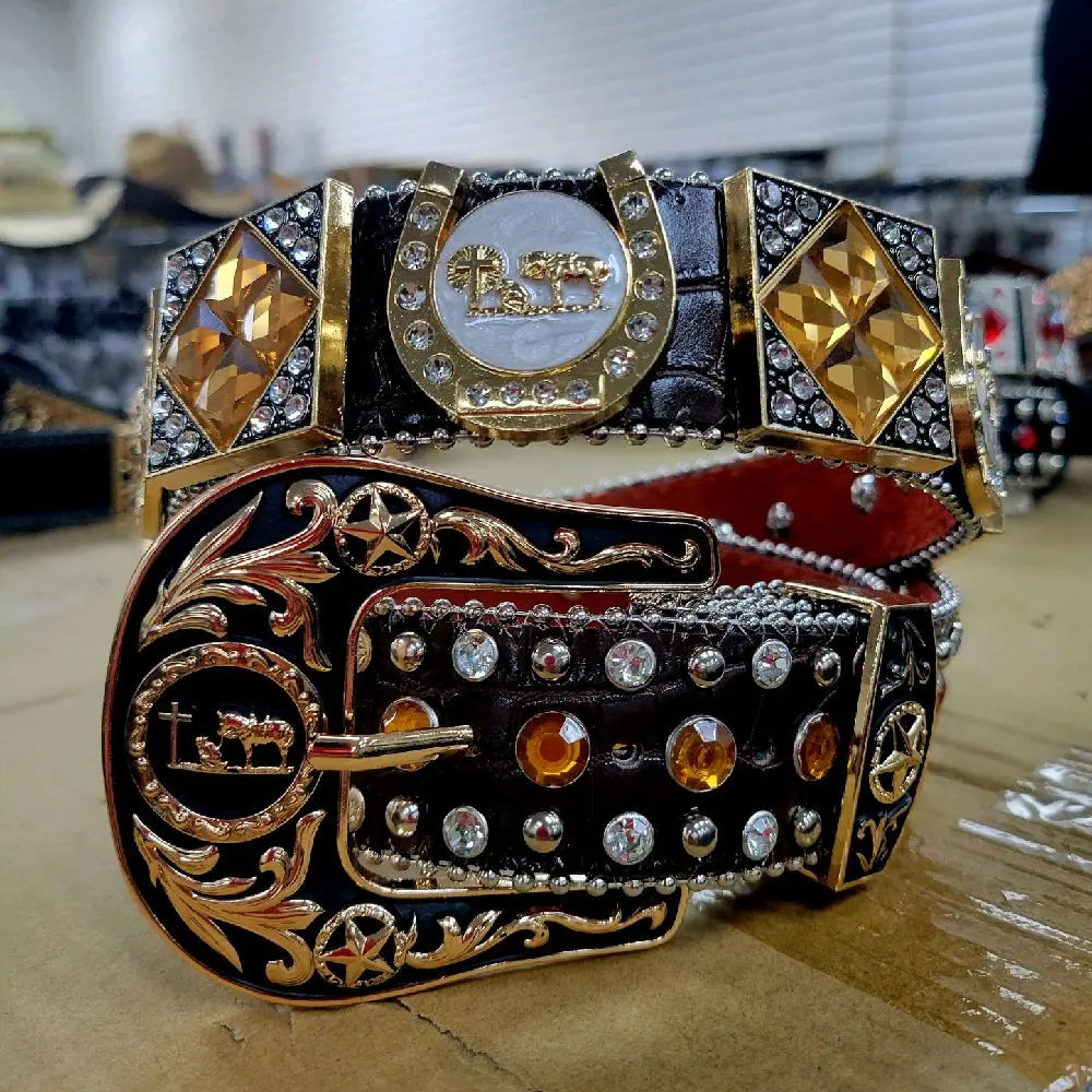 Praying Cowboy Genuine Leather Rhinestone Belt for Women & Men - Western Style with Sparkling Crystal Studs size Large (for pant size 32-36)