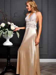Long satin beige nightgown Bridal lingerie wedding night romantic nude open back maxi peignoir for bride Bridal lingerie gift Honeymoon lingerie