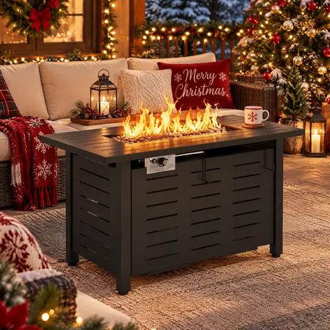 40 inch Outdoor Fire Pit Table - Metal Propane Gas-Powered 50,000 BTU Floor-Mount Unit, Black Rectangle Design, Removable Lid, Lava Rocks, Ample Heat, Patio Heater Accessory for Patios, Decks, Assembly-Required, Fire Pit Outdoor