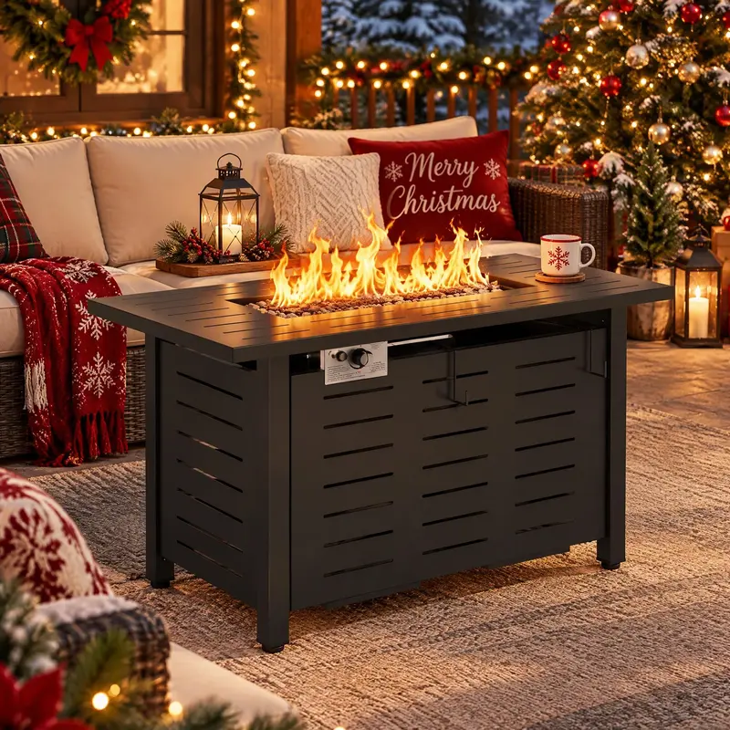 40 inch Outdoor Fire Pit Table - Metal Propane Gas-Powered 50,000 BTU Floor-Mount Unit, Black Rectangle Design, Removable Lid, Lava Rocks, Ample Heat, Patio Heater Accessory for Patios, Decks, Assembly-Required, Fire Pit Outdoor