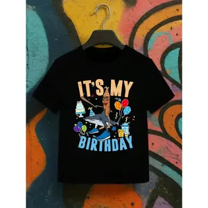 Fun Birthday Boy Party T-Shirt, Italian Brain Rot Collection Graphic, "It's My Birthday" Lettering Print Crew Neck Top Anime-style soft crew neck T-shirt, comfortable everyday wear, suitable for toddlers, teenagers and children.