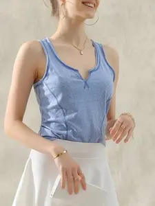 Womenswear Round Neck Raw Tank Top - Casual Sleeveless Design in Blue with Ruched Detail and Comfortable Fit