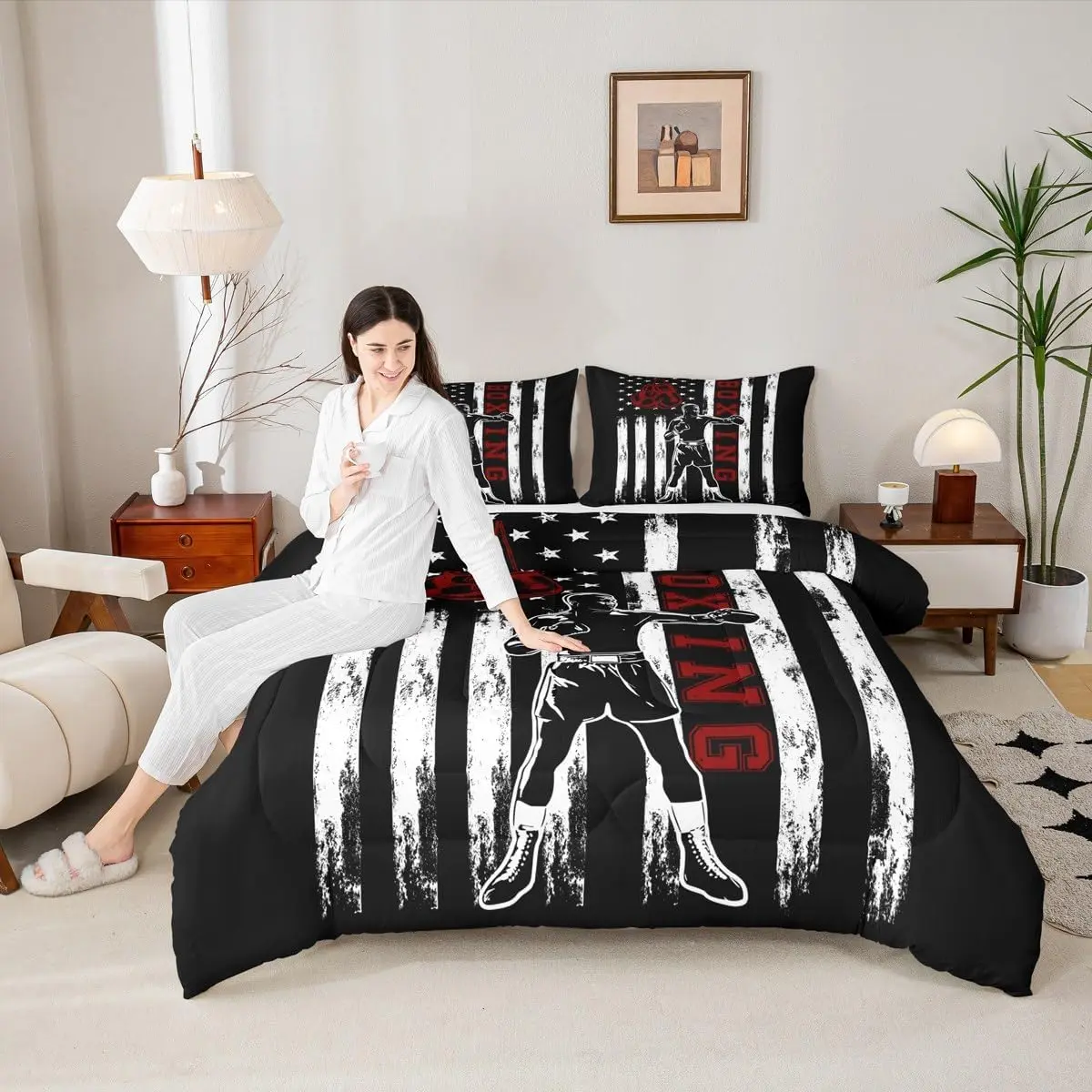 American Flag Comforter Set Men Boxing Gaming Themed Quilt Set Bedroom Decor Black White Stripes Bedding Set Boxing Player Duvet Insert