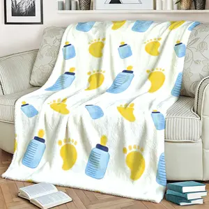 Newborn Footprint and Bottle Blanket, Soft Flannel Blue, Comfortable Warm Blanket for Baby, Sofa, Bed, Office, Car, Home Decor
