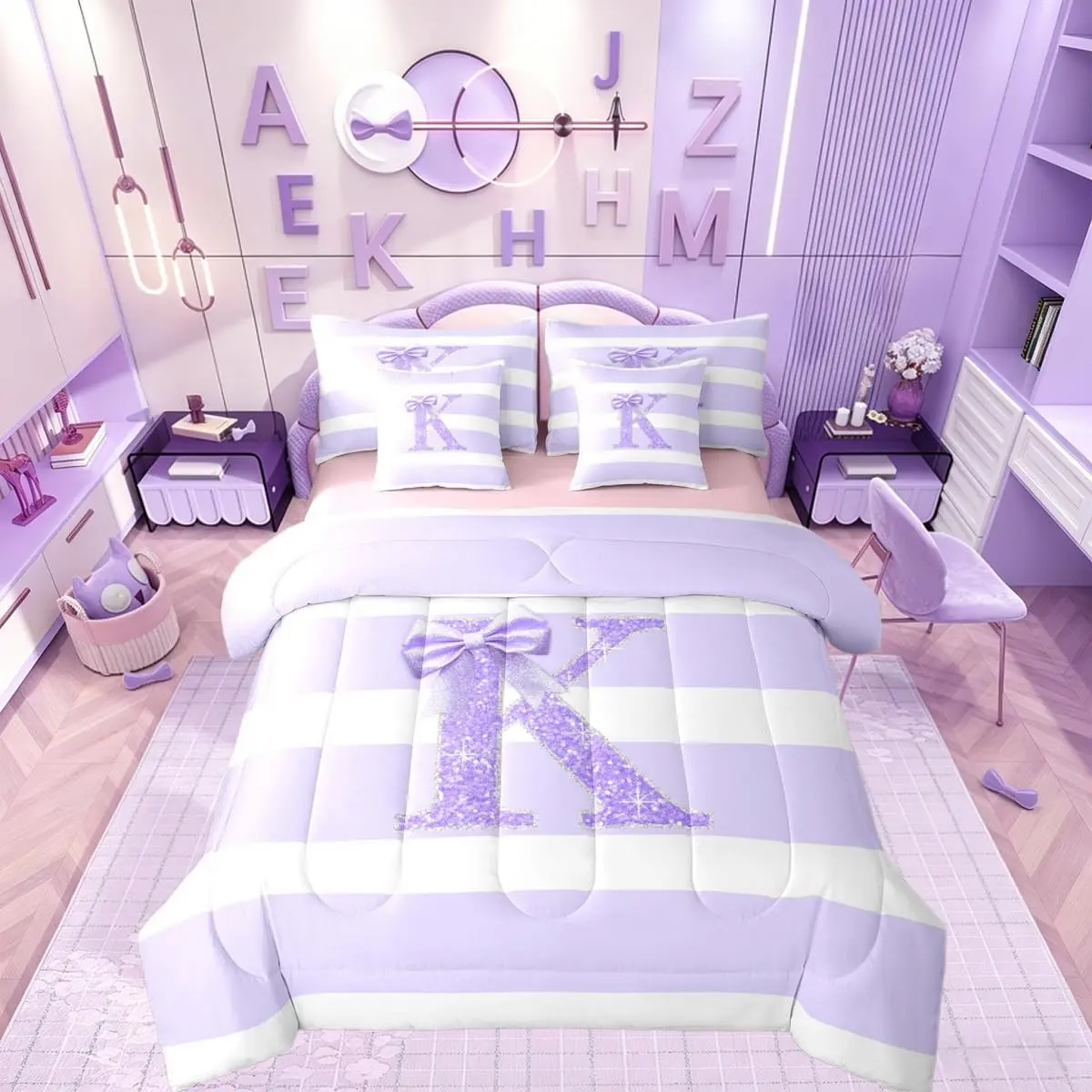 Monogram Letter K 7 Piece Bedding Set Purple Bow Bed in A Bag Personalized Glitter Initial Comforter Set for Bedroom Decor Modern Aesthetic Stripes Bed Sets