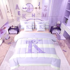 Monogram Letter K 7 Piece Bedding Set Purple Bow Bed in A Bag Personalized Glitter Initial Comforter Set for Bedroom Decor Modern Aesthetic Stripes Bed Sets