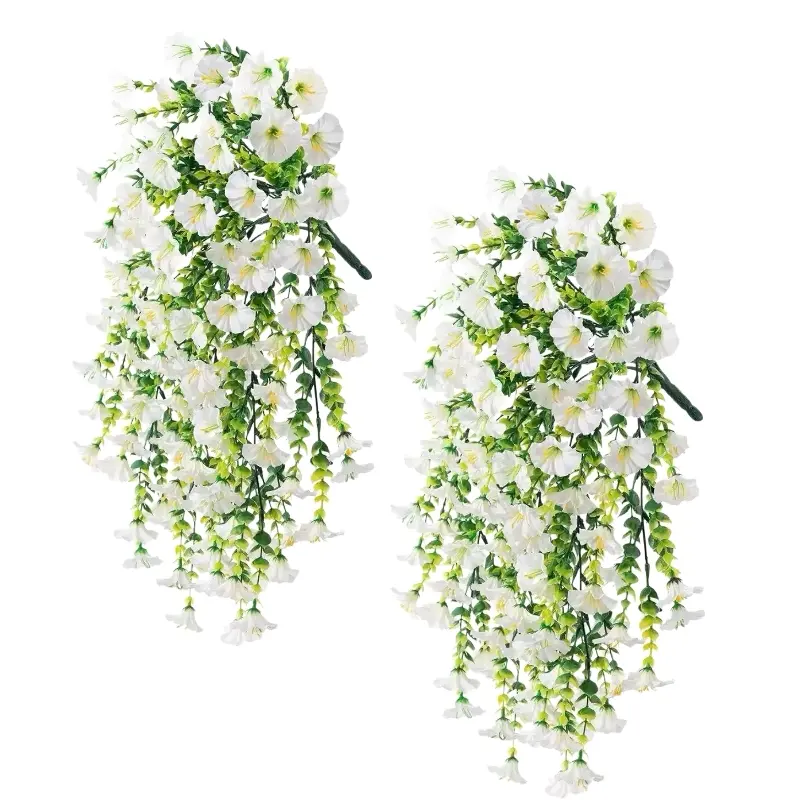 4pcs Artificial Decorative Hanging Morning Glory Flowers, UV & Rain Resistant, Bright with Leaves, Indoor Outdoor Decor, Wedding Patio Garden