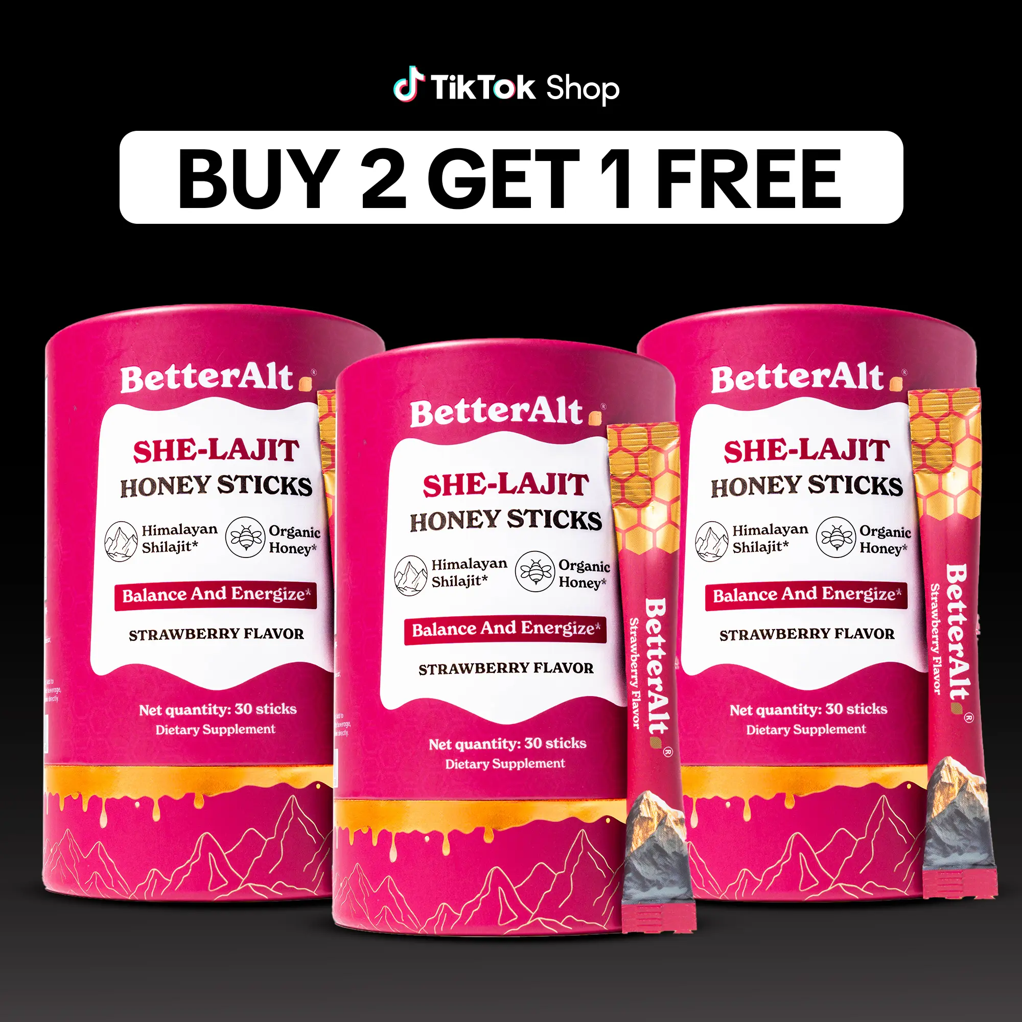 B2G1 Women Multi-Mineral Honey Sticks | BetterAlt SHE-Lajit Strawberry Flavor | Shilajit, Shatavari & Saffron | Hormonal Balance & Energy
