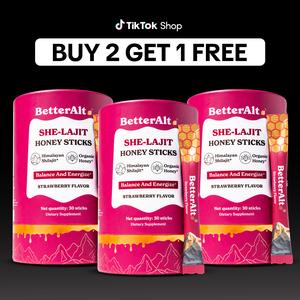 B2G1 Women Multi-Mineral Honey Sticks | BetterAlt SHE-Lajit Strawberry Flavor | Shilajit, Shatavari & Saffron | Hormonal Balance & Energy