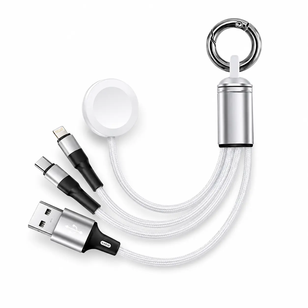 Silver 3-in-1 Keychain Charging Cable for iPhone & Apple Watch, Portable Type-C & Lightning Charger Cord with Magnetic Wireless Dock for iWatch Ultra/9/8/7