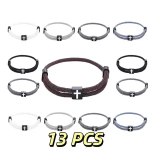 13pcs Braided Cross Bracelet For Men Women Christian Adjustable Rope Jesus Bracelets With Metal Knot Christian Baptism Gifts