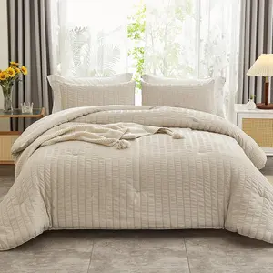 Beige Seersucker Queen Comforter Set (90x90 inches), 3 Pieces-100% Soft Washed Microfiber Lightweight Comforter with 2 Pillowcases, All Season Down Alternative Comforter Set for Bedding