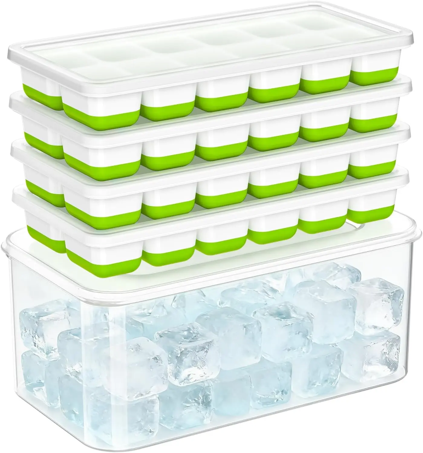Silicone Ice Cube Tray Set with Lid & Ice Bucket - 4-Pack 48 Cubes Stackable Freezer Organization Storage Boxes, Leak-Proof, Easy Release, Lift-Tab Handling, Dishwasher Safe for Kitchen, Party, RV Use