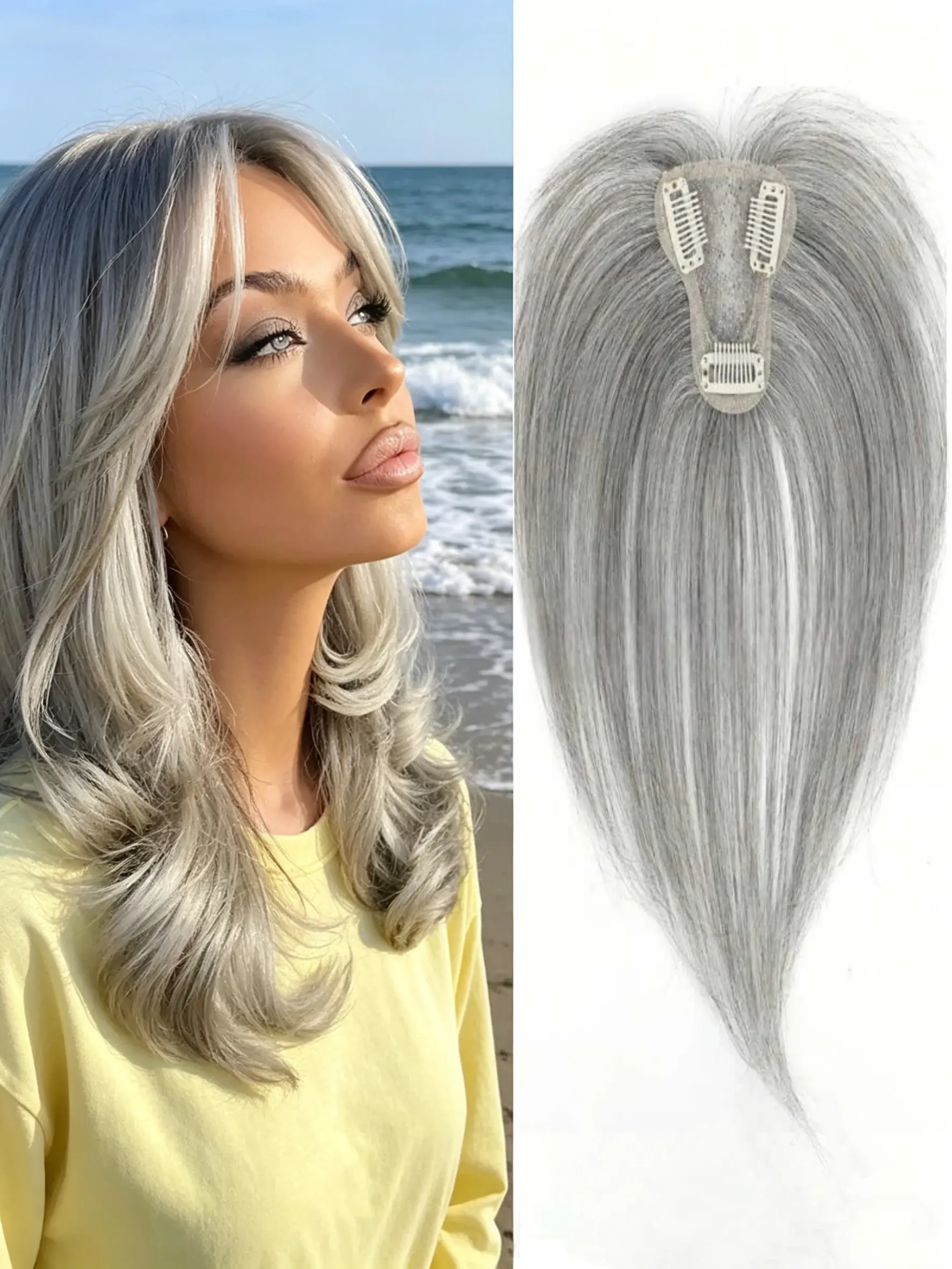 🔥 Thinning Hair? Fix It in Seconds! Silver Grey Hair Topper | Straight Synthetic Hairpieces | Premium Kanekalon Synthetic, Clip-In Design for Natural Volume & Realistic Finish | Your Daily Confidence Booster! | Synthetic Hair Toppers
