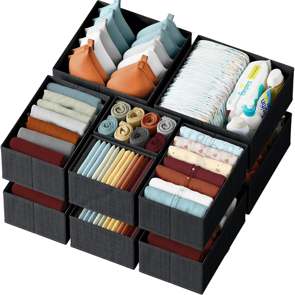 Drawer Organizer Clothes Set of 12 Black - Dresser Organizer For Nursery, Bedroom, Closet