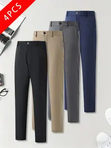 summervibes 4-Pack Men’s Business Casual Dress Pants, Slightly Stretch Slim Fit, Semi Elastic Waistband, Comfortable and Breathable