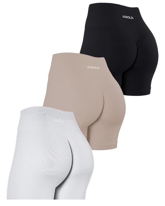 AUROLA 3 Pieces Pack Set Power Workout Shorts for Women,Seamless Gym Shorts High Waist Tummy Control Yoga Biker Shorts