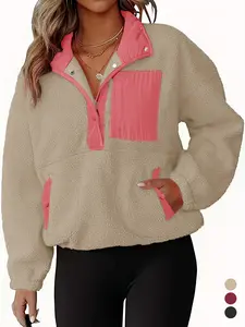 Skoinvb Women's Fall Winter Must-Have Sherpa Coat - Color Block Pocketed Cute-Edgy Casual Jacket, Perfect for Daily Leisure & Stylish Looks