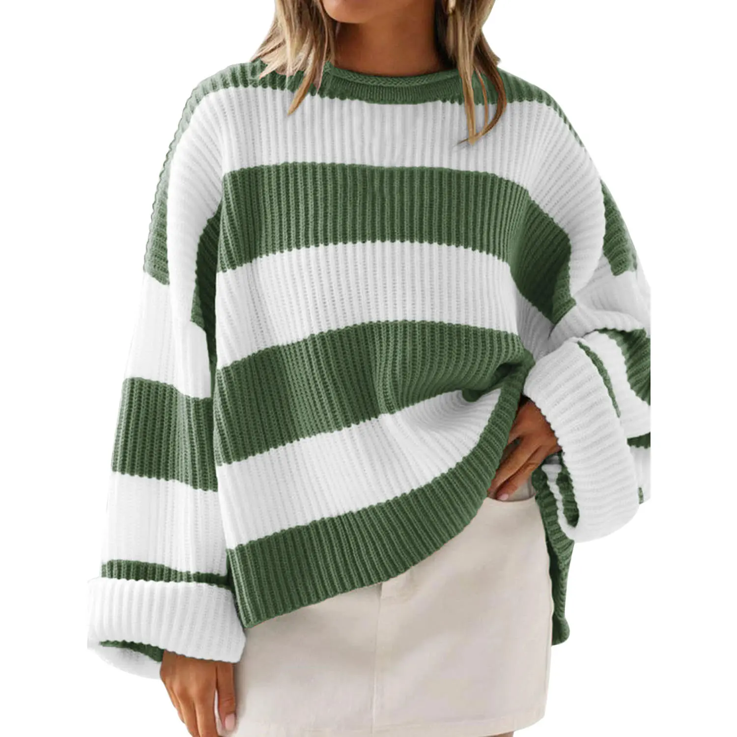 CHOUYATOU Women's Oversized Striped Knitting Pullover Sweater, Casual Long Sleeve and Loose Fit for Autumn, Crew Neck, Elegant, Pull On, Longsleeves, Round Neck, Tops, Full Sleeve