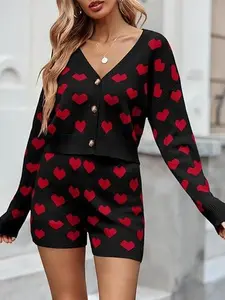 Tankaneo Womens Valentine's Day Sweater Sets Heart Knit Long Sleeve Cropped Cardigan and Shorts 2 Piece Outfits