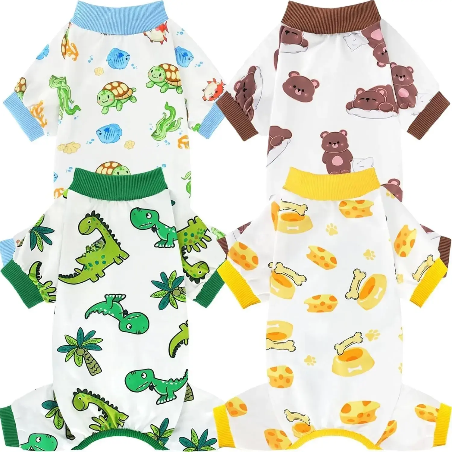 4-Pack Pet Dog & Cat Stretchy Soft Costumes - 4-Legs Design, Breathable Fabric, Themed Prints, Elastic Under Belly Small Dog Jumpsuits & Cat Onesies