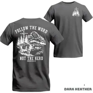 Faith 2025 Cross Cow Mountain Graphic T-shirt, Unisex Menswear Top for Church or Outdoor Wear, Evangelical Christian Message, Follow The Word Not The Herd, Trending Shirt
