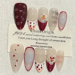 Almond Flowers Press On Nails 3D Flower Shell French Style Reusable Nails, Beach Nails