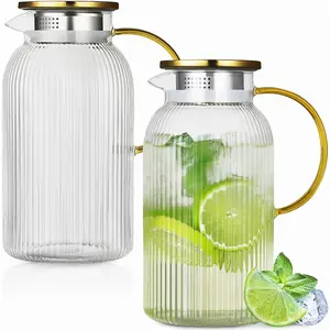 Glass Pitcher with Lid, 2 count Elegant Heat Resistant Cold 2 Lite Brew Pitchers for Fridge Hot Cold Water Coffee Milk Lemonade Beverage,Vertical StripesLemonade Beverage