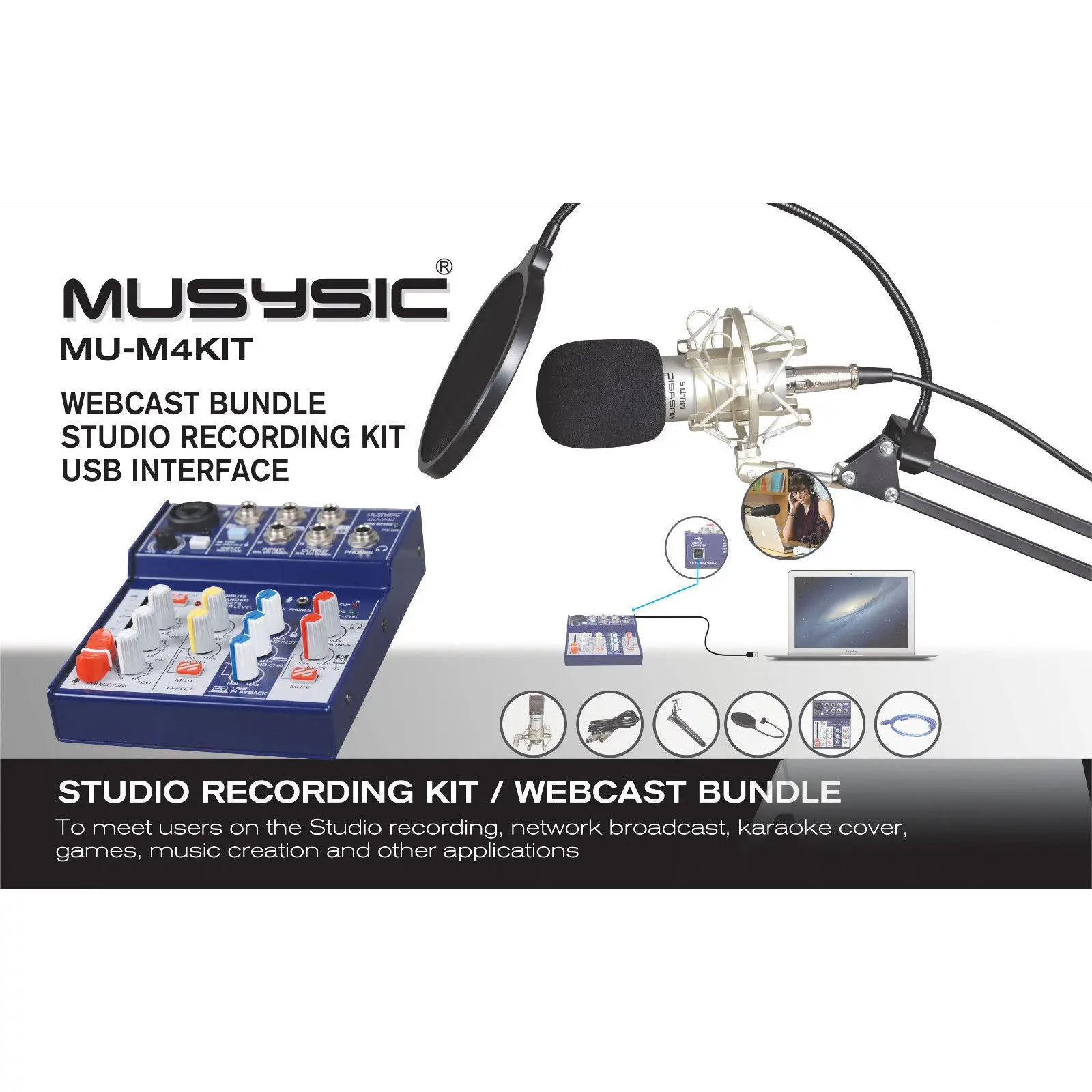 Studio Recording/Webcast Kit, 4-Channel Mixer, Headphone w/ USB Interface MU-M4KIT