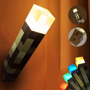 Upgraded Light-up Wall Torch Pixel Brownstone Torch Lamp USB Pluggable Night Lamp Hand Held or Wall Mount Lighting Torch with Unique Pixel Design