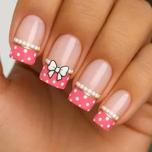 Set of 24 Short Square Fake Nails with Polka Dots, Butterfly Print Design, Includes Jelly Glue & Nail File, Perfect for Valentine's Party Dance Daily Wear