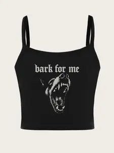 Women's Bark for Me Wolf Pattern Short Cami Top, Y2K Street Style Sleeveless Shirt, Gothic No Button Design, Sexy Animal Print